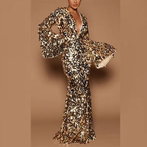 Abito da Sera su Misura con Paillettes Dorate, Scollo a V Profondo, Stile Sirena, <span class=keywords><strong>Maniche</strong></span> <span class=keywords><strong>Lunghe</strong></span>, Aderente, <span class=keywords><strong>Vestito</strong></span> Formale Luccicante per Feste - Product Image 1