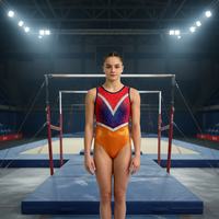 Justaucorps de gymnastique pour enfants Orange Mystique en tissu nylon doux sublimé avec applique Mytsique argentée scintillante pour la performance