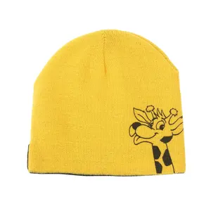 Customized Embroidery Logo Powerpuff Girls Cartoon Character Yellow Knit Kids Beanie Hat With Cable Braids