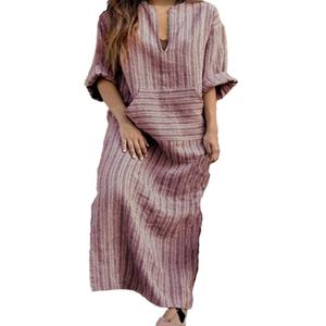 OEM Wholesale High Quality Women's Cotton Linen <b>Dress</b> Custom Color Weave Striped Midi Length Loose Fit Long <b>Dresses</b> - Product Image 4