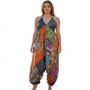 SK NOOR SONS PRESENTS Combinaison-sari pour femme, style bohème sexy, patchwork, coupe ample, en tissu satiné écologique, col en V, longueur midi, taille ajustée - Product Image 1