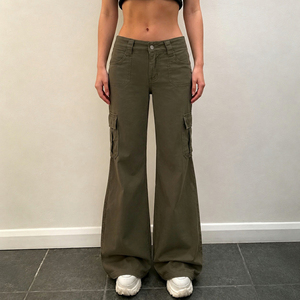 Women Low Waist Cargo Flare Pants Multi Pocket Wide Leg Trousers Casual Streetwear Slim Fit <b>Stretch</b> Bell Bottom Pants - Product Image 2