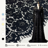 Tissu en dentelle de coton mélangé YY Floral noir de luxe avec dentelle cils pour Abayas, Kaftans et Robes haut de gamme