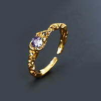 Bague en laiton pour femme avec zircone cubique motif roche volcanique, bague ouverte en laiton à grain métallique