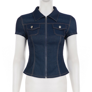 European American Retro Denim Look Short Sleeve Shirt Zipper Pocket Button <b>Down</b> Blouse for Women, Summer Streetwear Casual T - Product Image 6