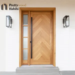 Prettywood Modern Herringbone Design Exterior Villa Front Entrance Oak Veneer Wooden Entry Pivot Doors With Sidelite