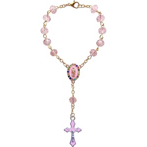 Braccialetto Rosario in Cristallo Rosa con Medaglia della Vergine Maria e Crocifisso, Gioielli Religiosi - Product Image 1