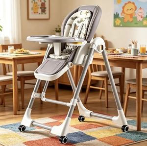 Chaise haute bébé pliable et réglable, vérifiée, avec coussin imprimé, plateau amovible et roues verrouillables pour l'alimentation des tout-petits - Product Image 4