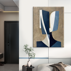 <span class=keywords><strong>Dipinto</strong></span> a Olio Astratto Geometrico Fatto a Mano, Arte Moderna <span class=keywords><strong>Blu</strong></span> e Beige per Decorazione Domestica - Product Image 4