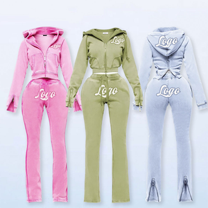 Maßgeschneiderte Trainingsanzüge Workout-Sets für Damen Crop Top Reißverschluss-Hoodie Jacke Schlaghose Leggings 2-teiliges Set Trainingsanzüge für Frauen - Product Image 2