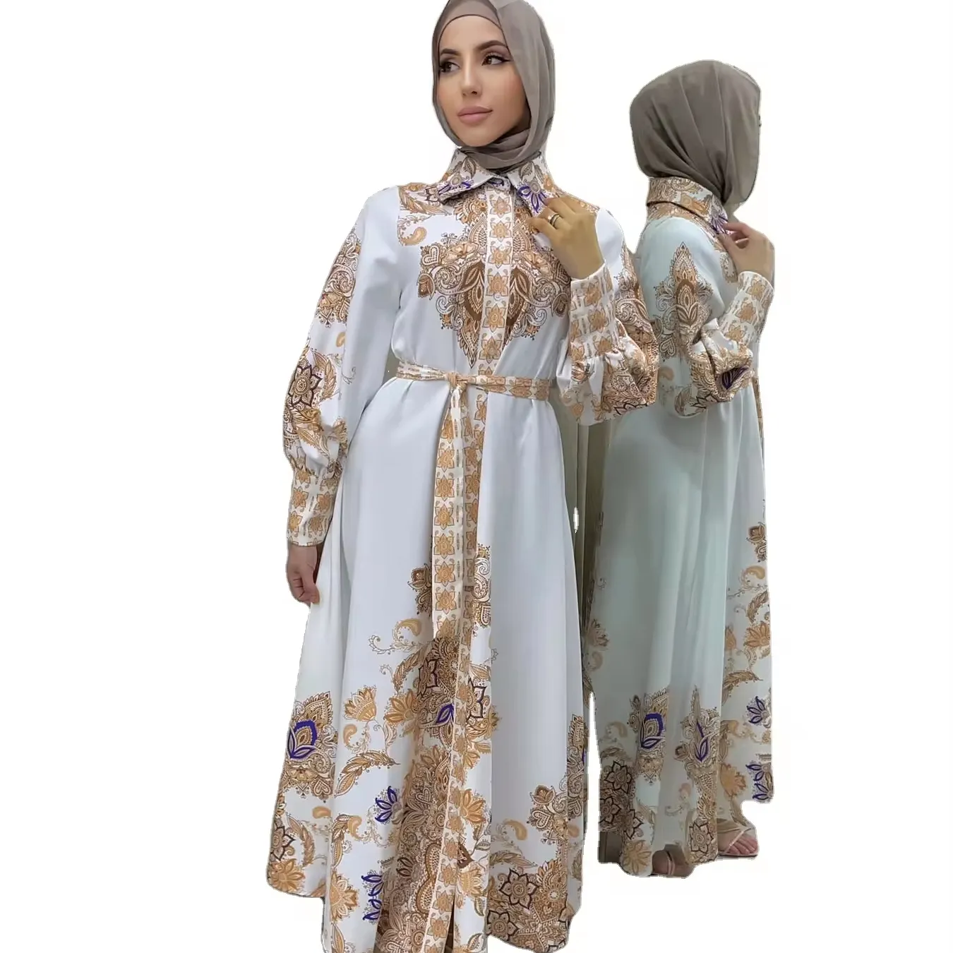 Abaya décontractée d'extérieur imprimée pour femmes Robe musulmane de Dubaï Robe longue en mousseline Abaya musulmane pour femmes et sol