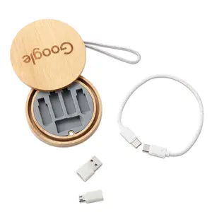 New design wooden Eco Friendly round 60W data pd cable, LOGO gift custom storage box 3 in 1 Charging Cable