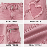 Jeans en denim à jambes larges pour femmes, avec application de cœur, pantalon cargo multi-poches pour un style streetwear
