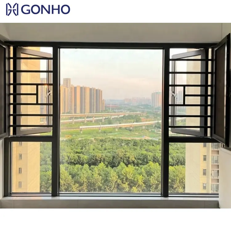 GONHO New Modern style Aluminum Casement Window Black Frames Heat Insulation Aluminum Casement Window For House