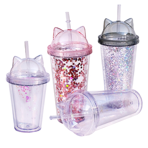 Tumori per orecchie di gatto a doppia parete tazza di plastica con coperchio fai da te Glitter 10oz 16oz 24oz bottiglia per bevande a doppia parete in acrilico per bambini - Product Image 1