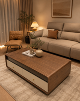 Ensemble table basse et meuble TV en marbre beige crème, structure en bois massif, écologique, durable, plateau surdimensionné, mobilier moderne pour salon