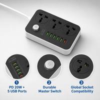 Cable de Extensión con Enchufe Schuko Europeo de 3 Vías y Logotipo Personalizado al por Mayor, con 5 USB y 1 Tipo C PD de Carga Rápida, Enchufe Universal con Certificación CE