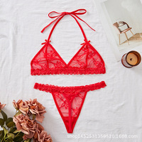 Ensemble de lingerie sexy en maille transparente avec soutien-gorge et string, orné de nœuds - Ensemble Teddy fin en nylon/coton avec dentelle et perles XXL