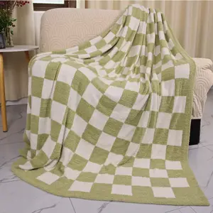 Reliable Factory Green Orange 150*200cm Custom Soft Good Dreams Half Fleece Checkerboard Plaid Blankets