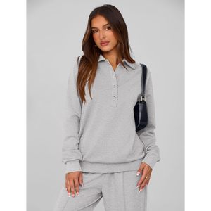 Women 2 Piece Sweatsuit Long Sleeve Quarter Button Sweatshirt Wide Leg Pants Tracksuit <b>Lounge</b> Set Casual Breathable Gray - Product Image 5