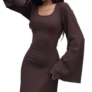 Robe longue maxi pour femme, col carré, manches longues, coupe droite, taille naturelle, avec lien, qualité supérieure, personnalisable OEM, vente en gros - Product Image 2