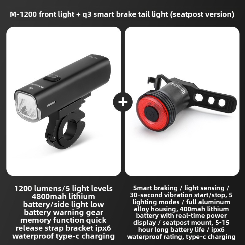 Éclairage avant M-1200 lumens - Éclairage arrière Q3 - Fixation sur tige de selle