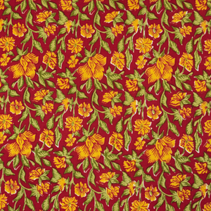 ผ้าลายดอกชบาสีเหลืองและเถาวัลย์สีเขียวพิมพ์บนผ้านิ่มสีแดงน้ำหนักเบาสำหรับแฟชั่นและของตกแต่ง - Product Image 1