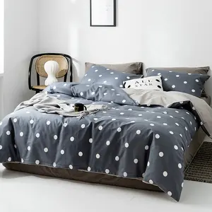 Polka Dot Print Bed Sheet Bedding Set Custom Print Black Gray Printed Duvet And Cotton Bed Sheet Set