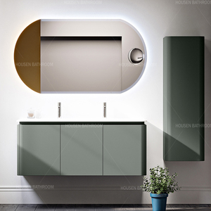 Meuble-lavabo mural de salle de bain de luxe en PVC et contreplaqué moderne, avec éclairage LED, miroir intelligent et vasque, design incurvé, pour hôtels - Product Image 6