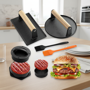 Prensa de hierro fundido con mango de madera para triturar carne de tocino, hamburguesas de bistec en uso doméstico en la cocina - Product Image 1