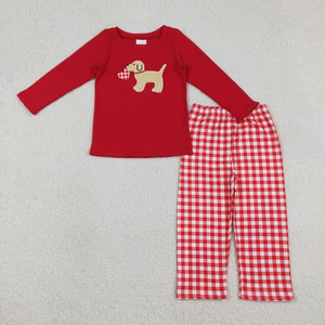 Ensemble de la Saint-Valentin pour bébés garçons : chemise rouge à manches longues avec broderie chien et cœur, pantalon à carreaux - Product Image 2