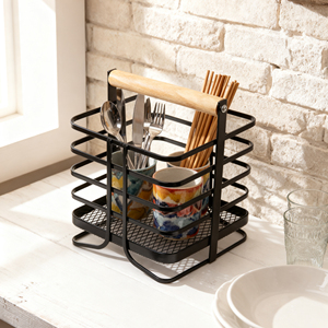 Panier de rangement multifonctionnel en métal pour ustensiles de cuisine, panier de drainage pour baguettes, pour comptoir de cuisine - Product Image 3
