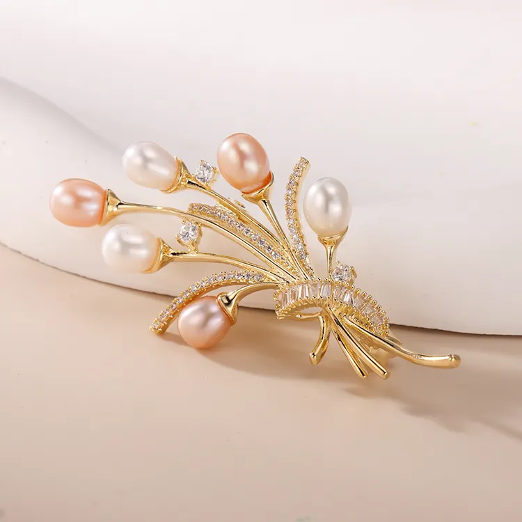 Hoasen – bijoux en forme de Bouquet pour femmes, Style naturel, broches en alliage avec perles roses et blanches