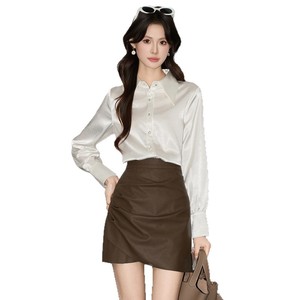White <b>Satin</b> Long Sleeve Shirt For Women Office Wear Solid Color Elegant <b>Blouse</b> Polyester Fabric Q9841.9842 - Product Image 5