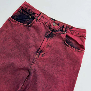 Pantalones vaqueros rojos de mezclilla de peso pesado de alta calidad para hombre, pantalones vaqueros de talla grande de tiro bajo con pintura en aerosol, lavado con piedra, ropa de calle apilada en 3D - Product Image 4
