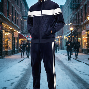 Trendy Vintage Winter Streetwear Hooded Solid <b>Track</b> <b>Jacket</b> Pants Set Breathable Lightweight Anti-UV Fleece 3D Embroidery Men's - Product Image 3