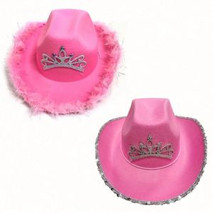Chapeaux de cowgirl style western en promotion pour femmes et filles, chapeau de fête à bordure en plumes, chapeaux de cowboy roses avec couronne - Product Image 1