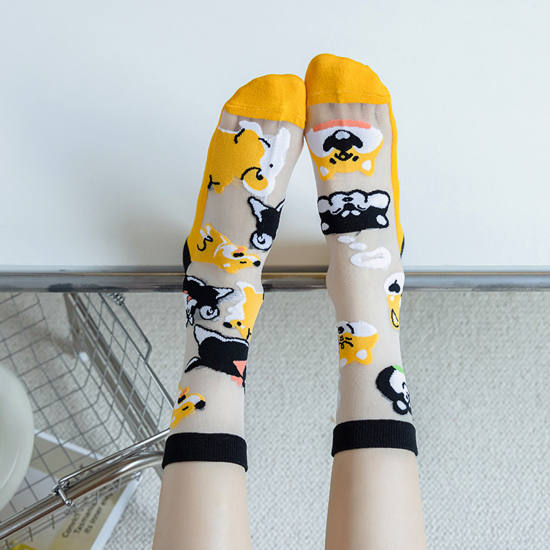 Factory Custom Novelty Ab Fashion Couple Glass Socks Jacquard Crew Cartoon Socks