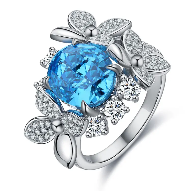 925 Sterling Silber Blumen ring Labor erstellt Aquamarin Edelstein Schmuck Luxus Frauen blauen Stein Ring