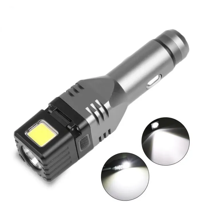 Mini Foldable XPE Cob Strong Flashlight Built-in Battery Safety Hammer Car Cigarette Lighter Flashlight With Magnet