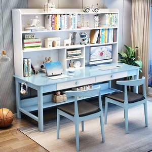 Children's Solid Wood Double <b>Desk</b> With Bookshelf Integrated Study <b>Desk</b> Chair Set Minimalist Design <b>For</b> Home Learning - Product Image 4