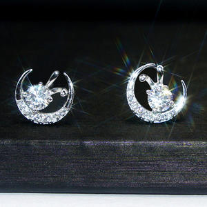 Pendientes de tuerca con diseño de luna blanca champán, plata 925, cristal de diamante de imitación, corte brillante redondo, engaste de garra, para mujer, uso diario romántico - Product Image 3