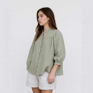 Blusa plisada vintage bohemia con cuello mandarín y tirantes finos para mujer |   Camiseta de Manga Corta 100% Algodón Orgánico Ecológico - Product Image 1