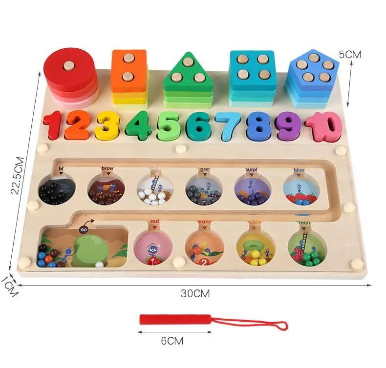 3-in-1 Feinmotorische Fähigkeiten lernen Stapeln hölzernes Montessori-Magnet-Puzzle-Tablett