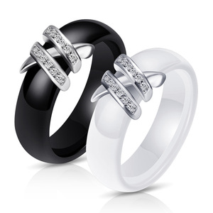Bague en céramique noire et blanche 6 mm avec incrustation de diamants double X pavé, bijoux de mariage géométriques - Product Image 2