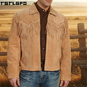 Oem Odm Western <b>Suede</b> Fringe <b>Jacket</b> <b>Men</b> Tan Leather Lace Yoke Windbreaker Streetwear Outerwear Manufacturers Bulk - Product Image 1