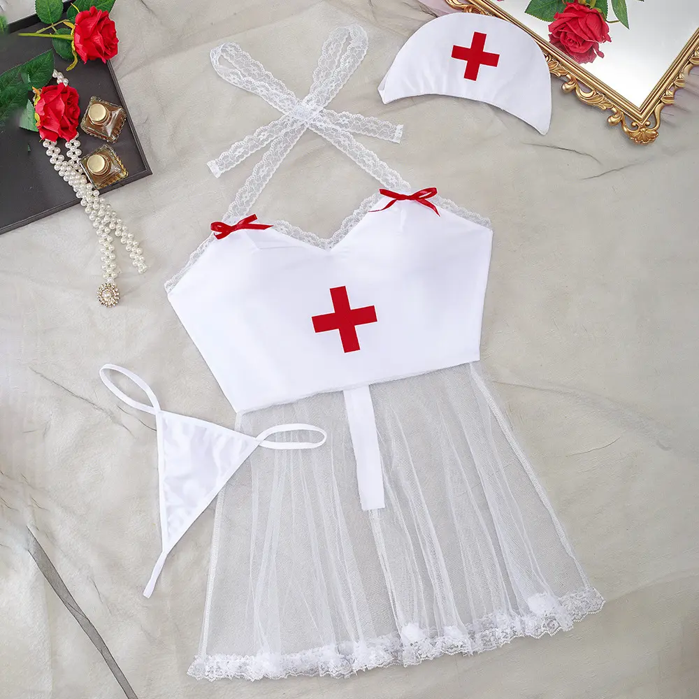 Roupa de lingerie de enfermeira sexy para mulheres, uniforme de enfermeira, vestido de malha, fantasias de cosplay