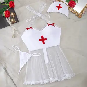 Bayan seksi hemşire iç çamaşırı takım elbise örgü kayma elbise hemşire üniforması Cosplay kostümleri
