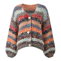Cardigan en laine fait main pour femme, style formel, respirant, couleur bonbon, avec boutons, en crochet, automne-hiver, tricoté, à manches chauve-souris et bordure en fourrure