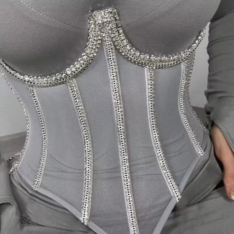 Hot Sale Women Party Shape Transparent Rhinestone Crystal Diamond Lace Corset Top